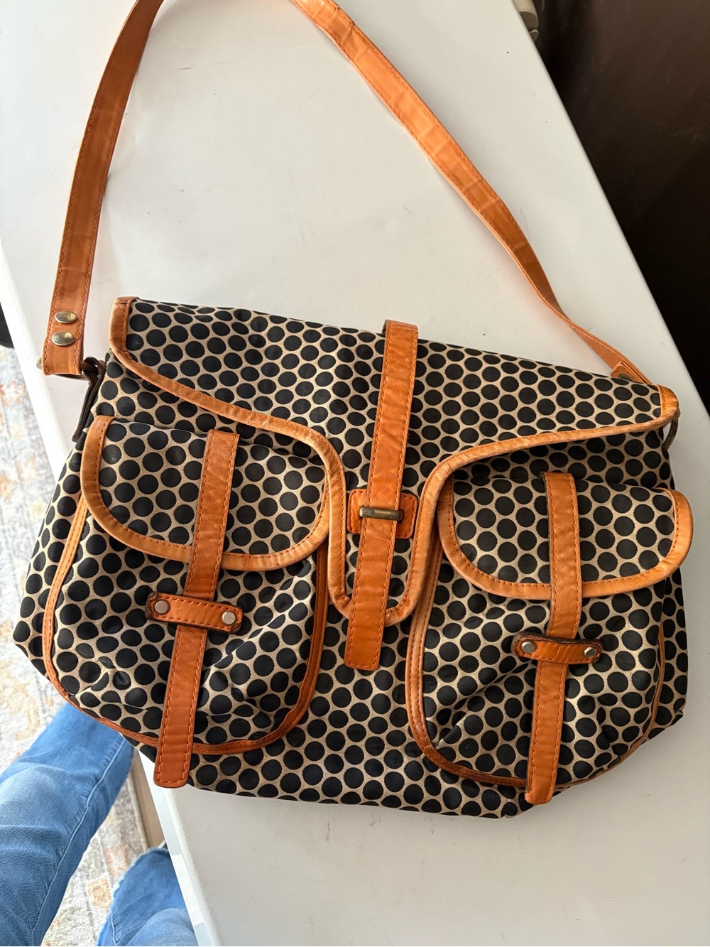 Mia Bossi Black Polka Dot Shirt Shoulder Bag with Orange Trim